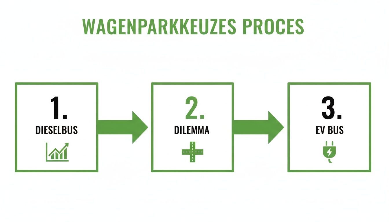 Een stroomschema toont het proces van wagenparkkeuzes: van dieselbus naar een dilemma, leidend tot de keuze voor een EV bus.