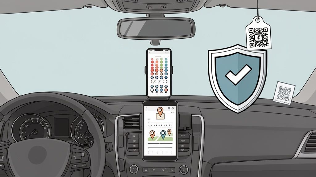 Interieur van een auto met twee smartphones op het dashboard die apps voor kleuren en navigatie tonen. Een schild en QR-codes zijn ook zichtbaar.