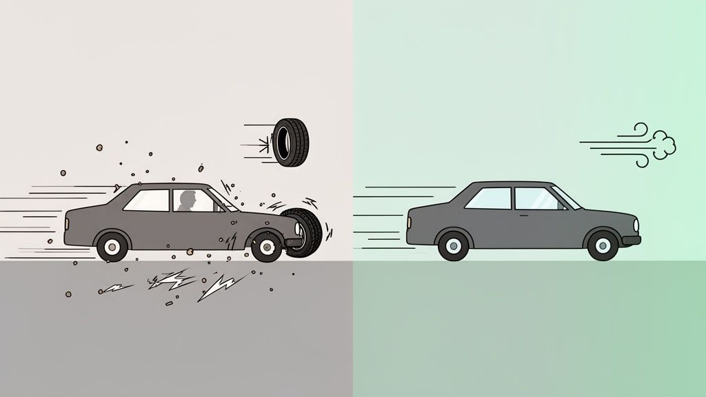Een kapotte auto met een losvliegend wiel en een auto die soepel rijdt, vergelijking van prestaties.