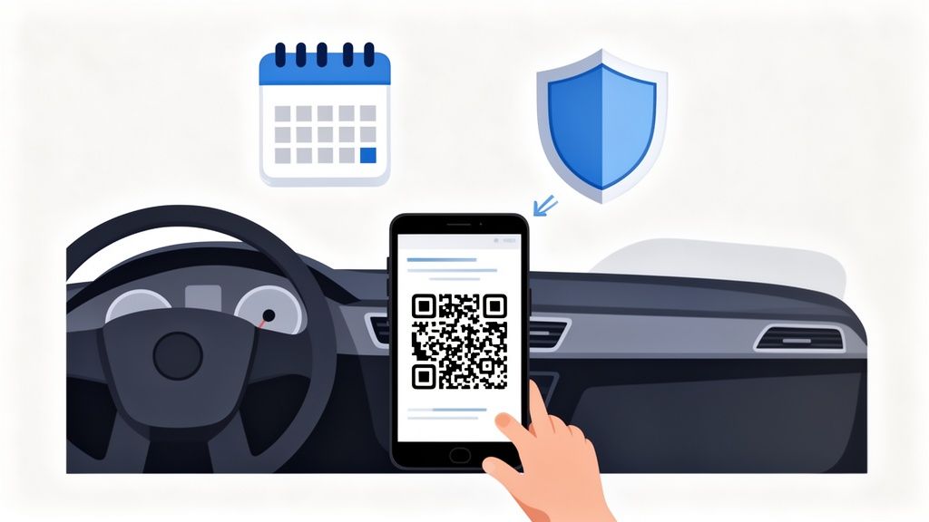 Een hand houdt een smartphone vast met een QR-code in een auto-interieur, met kalender en schildiconen erboven.