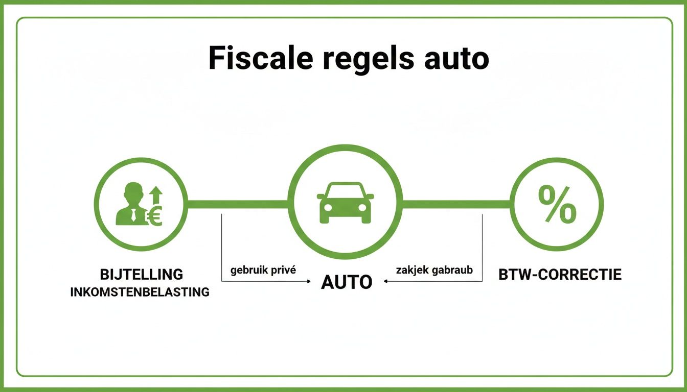 Diagram over fiscale regels voor auto's, met bijtelling inkomstenbelasting en btw-correctie voor privé- en zakelijk gebruik.