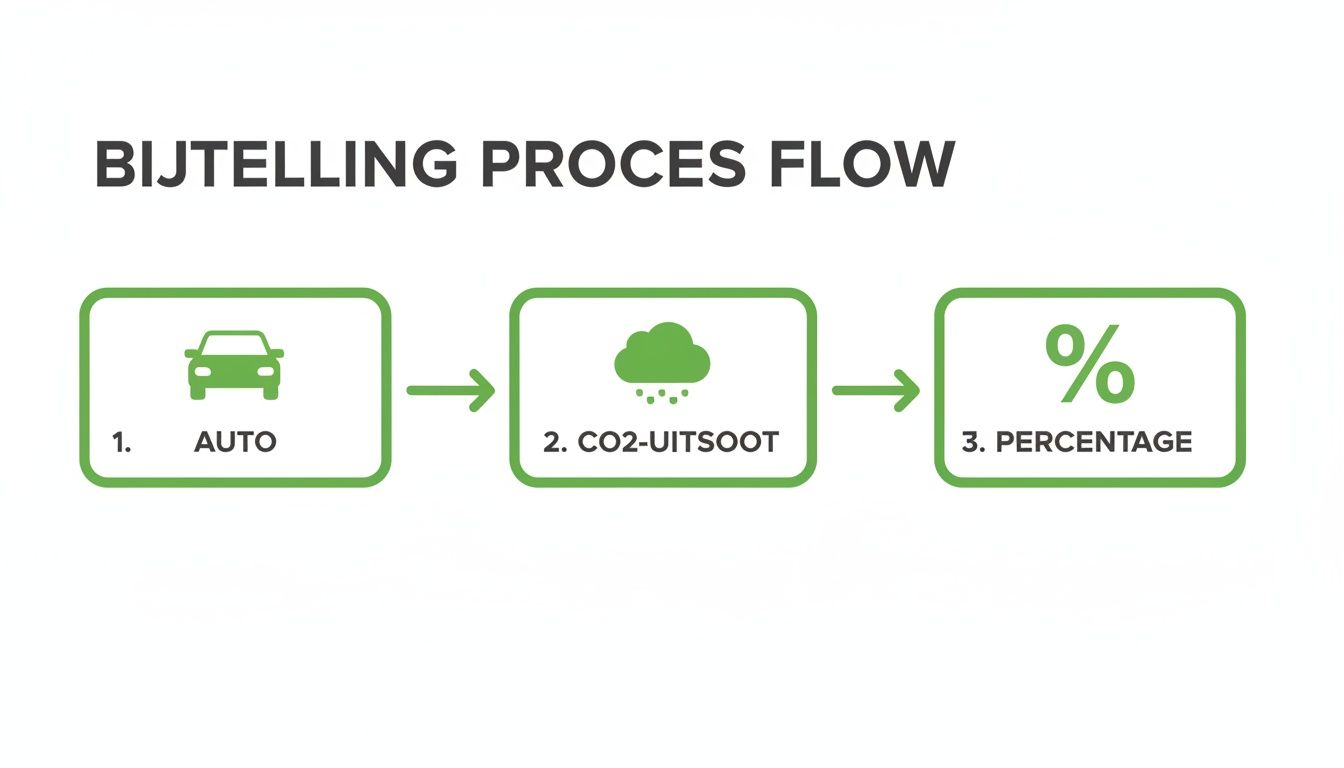 Flowchart dat de bijtelling processtroom illustreert, met stappen voor auto, CO2-uitstoot en percentage.