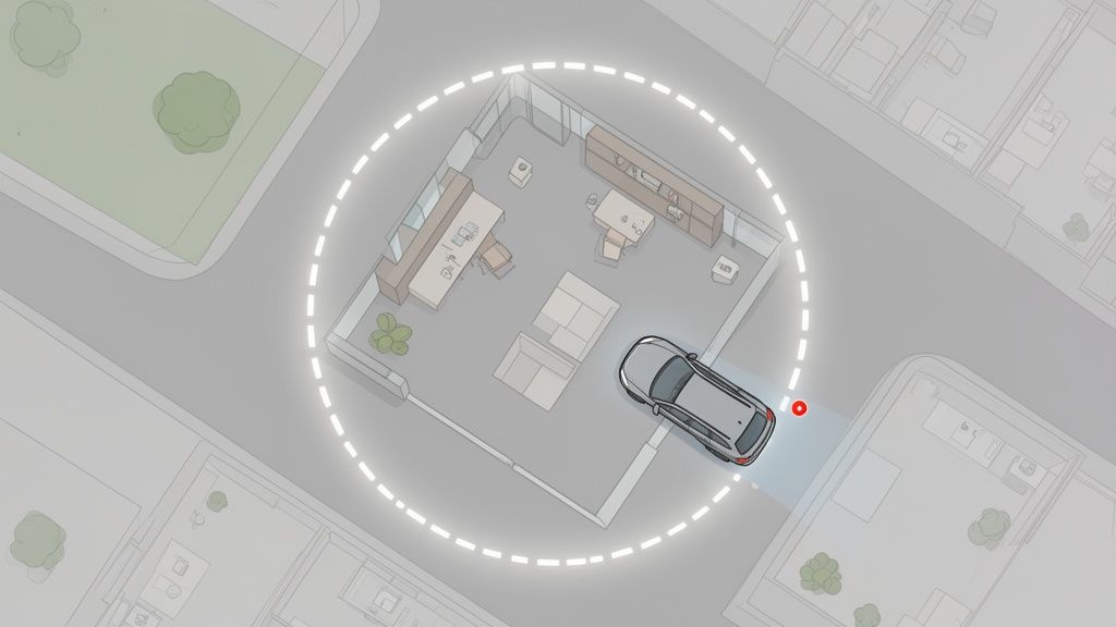 Een auto rijdt op een straat, omgeven door een gestippelde geofencing-zone rondom een gebouw.