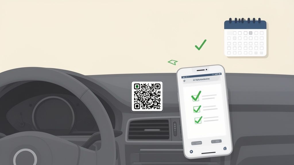 Een interieur van een auto met een QR-code op het dashboard, een smartphone met een checklist, en een kalender.