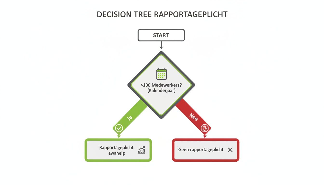 Beslisboom voor rapportageplicht: als er meer dan 100 medewerkers zijn, ontstaat rapportageplicht.