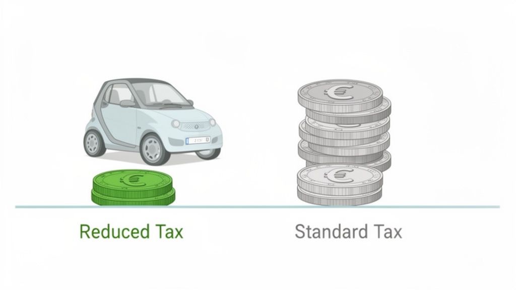 Afbeelding van een auto met minder groene euromunten (verlaagde belasting) en meer zilveren euromunten (standaard belasting).