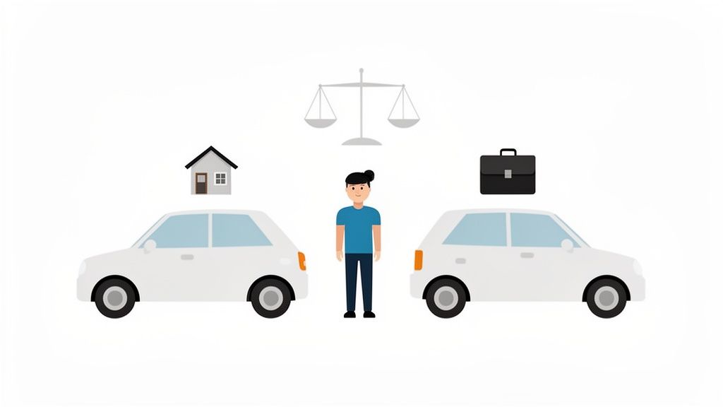 Een persoon staat tussen twee auto's, met een huis, een aktetas en een weegschaal erboven. Symboliseert de balans tussen privé en zakelijk.