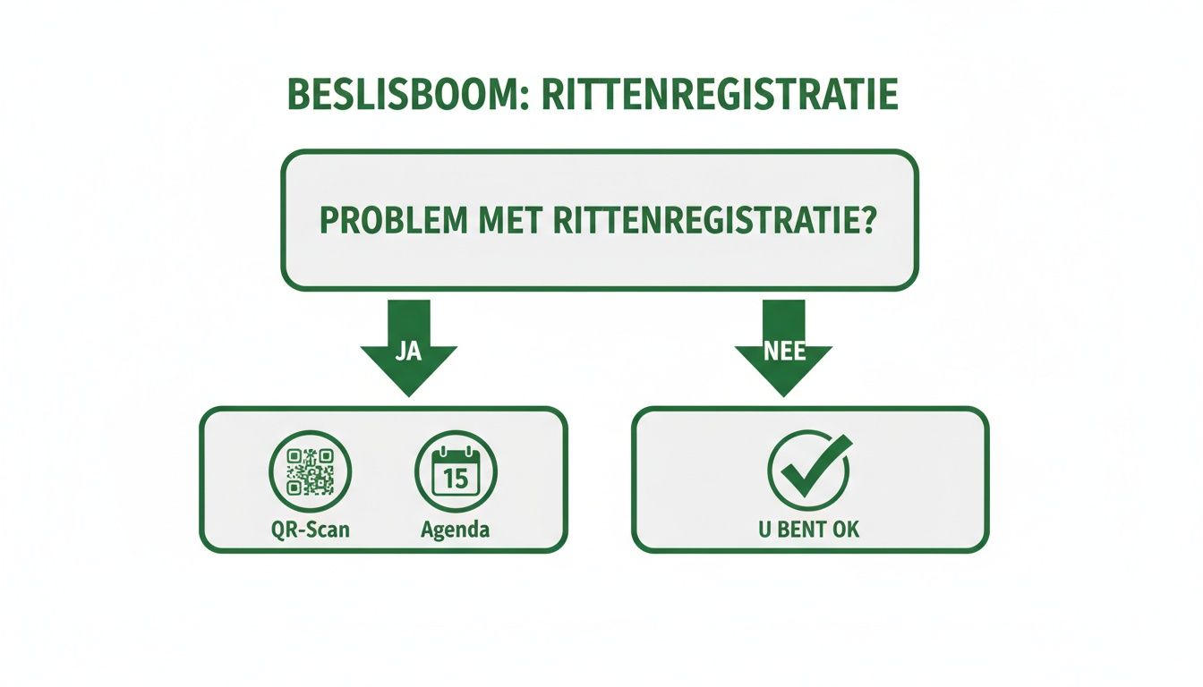 Beslisboom voor rittenregistratie: oplossingen bij problemen (QR-scan, agenda) of bevestiging 'u bent ok'.