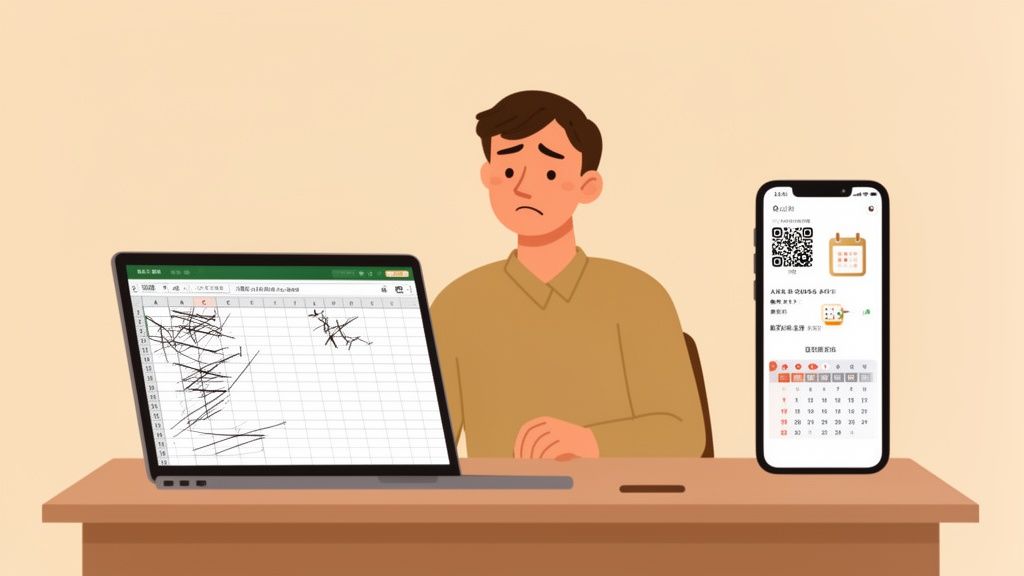 Gefrustreerde man kijkt naar laptop met rommelige Excel-gegevens en een smartphone met kalender en QR-code.