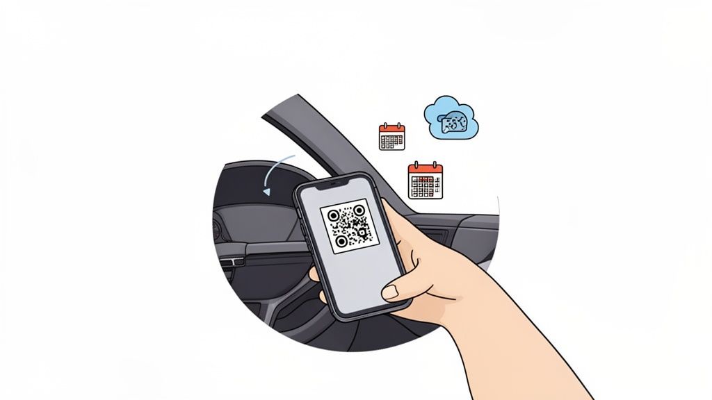 Een hand houdt een smartphone met QR-code vast in een auto, met kalender- en cloudpictogrammen.