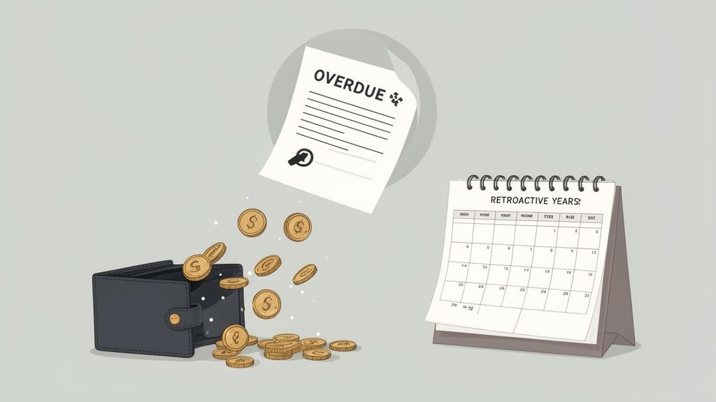 Een portemonnee met vallende munten, een 'OVERDUE' document en een kalender over achterstallige jaren.