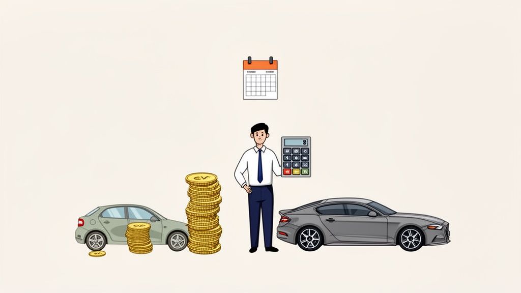 Man berekent autokosten met rekenmachine, geld en kalender bij twee auto's.