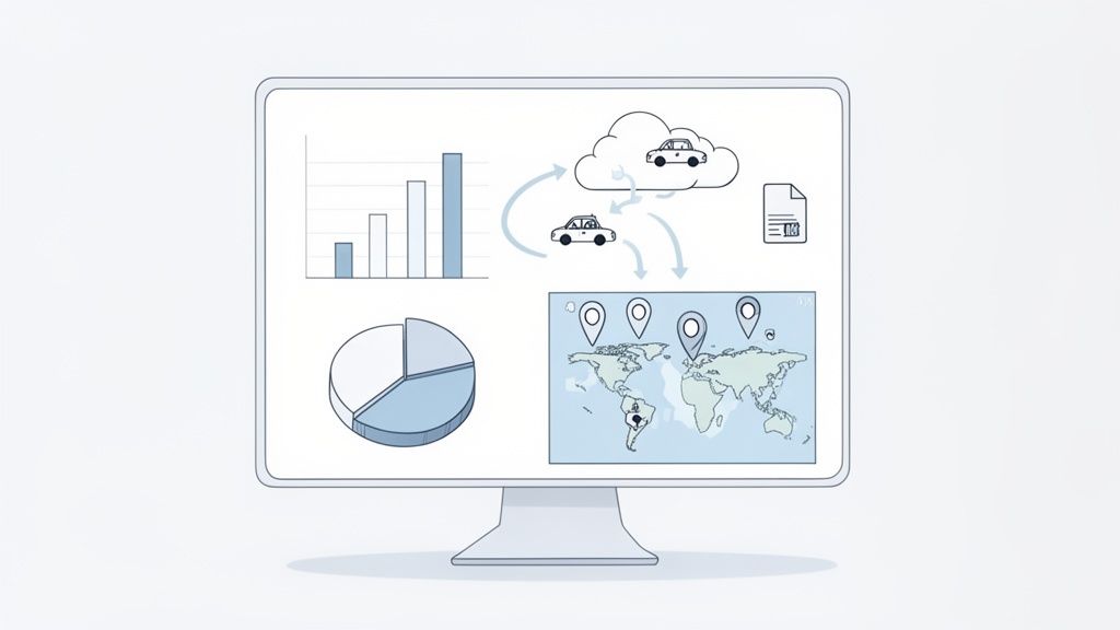 Monitorscherm met datavisualisaties, waaronder staaf- en cirkeldiagrammen, wereldkaart met locaties, en cloud computing voor auto's.