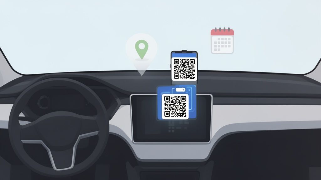 De afbeelding toont het interieur van een auto met digitale QR-codes, een navigatielocatie en een kalender.