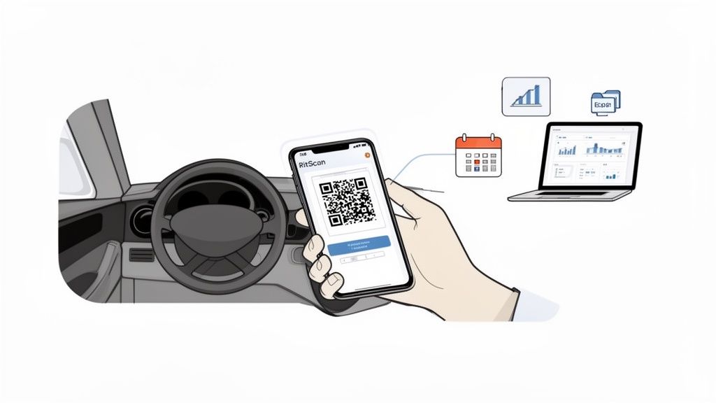 Een hand scant een QR-code in een auto met een smartphone, terwijl data op een laptop wordt weergegeven.