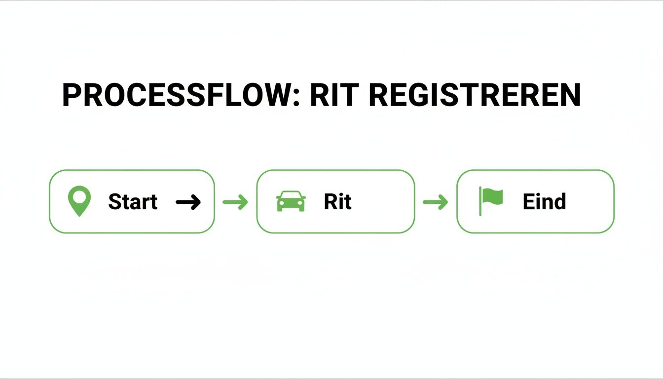 Visualisatie van een processtroom voor het registreren van een rit, met stappen Start, Rit en Eind.