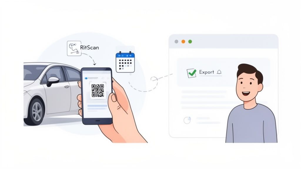 Hand met smartphone met QR-code voor een auto, gekoppeld aan een digitale kalender en een exportscherm.