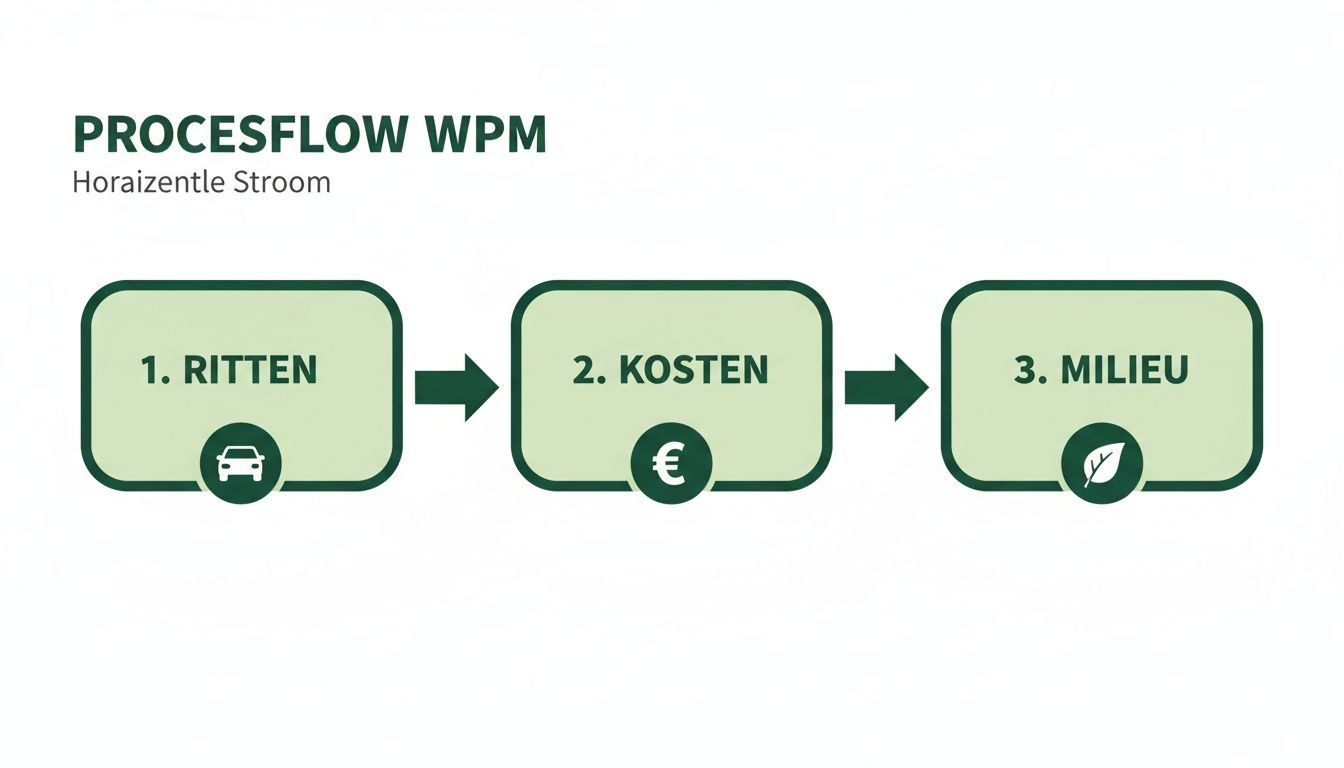 Schema van de WPM procesflow met stappen voor ritten, kosten en milieu.