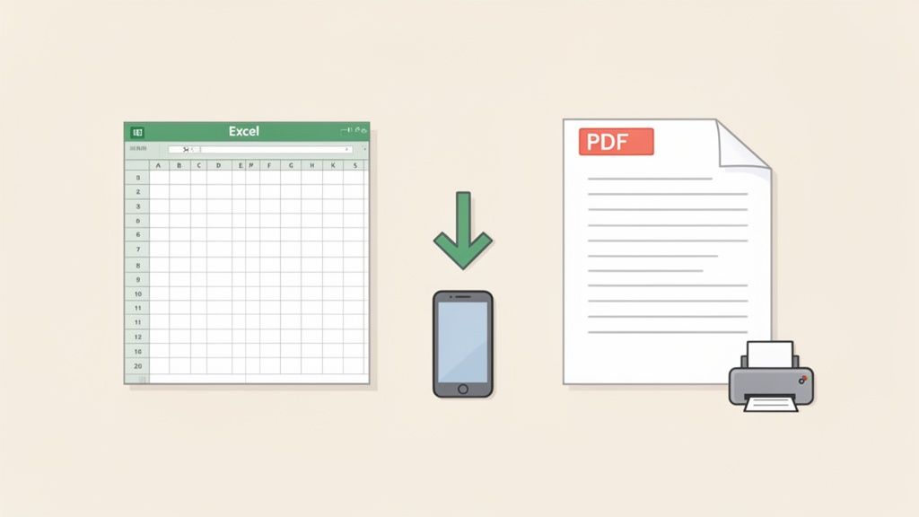 Illustratie van een Excel-bestand dat via een smartphone naar een PDF wordt geconverteerd en vervolgens wordt geprint.