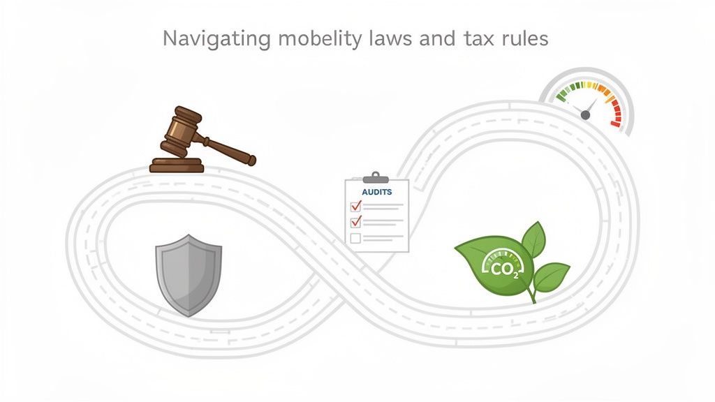 Een illustratie van een oneindigheidspad met symbolen voor wetten, audits, duurzaamheid en regelgeving rond mobiliteit.