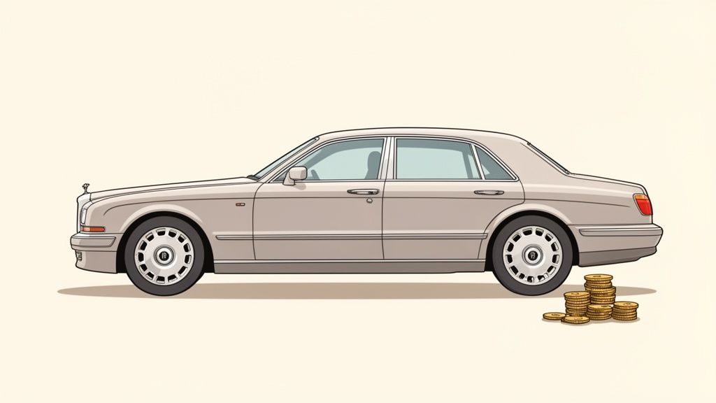 Een lichtbruine luxe auto met stapels gouden munten bij het achterwiel.