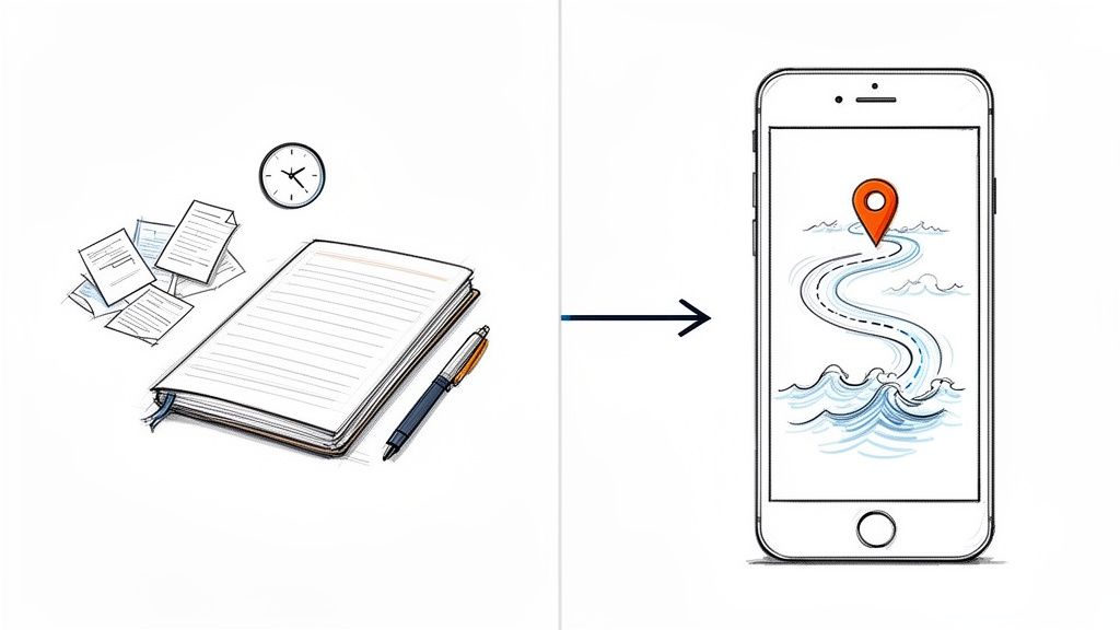 Illustratie van handmatige administratie (notitieboek, papieren) die overgaat in digitale rittenregistratie via een smartphone-app.