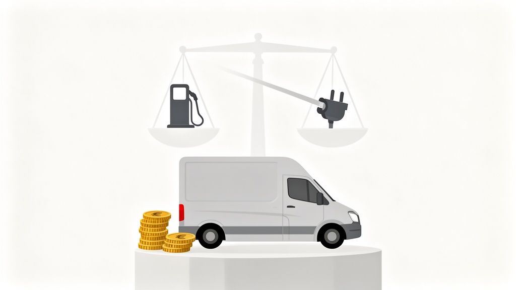 Een weegschaal vergelijkt een brandstofpomp met een elektrische stekker boven een bestelwagen en euromunten.