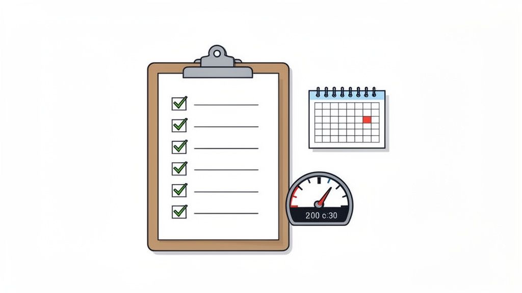 Een illustratie van een klembord met afgevinkte checklist, een kalender en een snelheidsmeter.