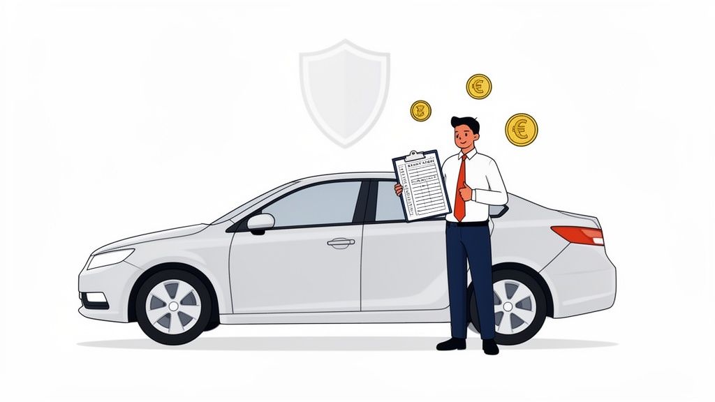 Man met stropdas toont formulier naast auto, met symbolen voor bescherming en geld.