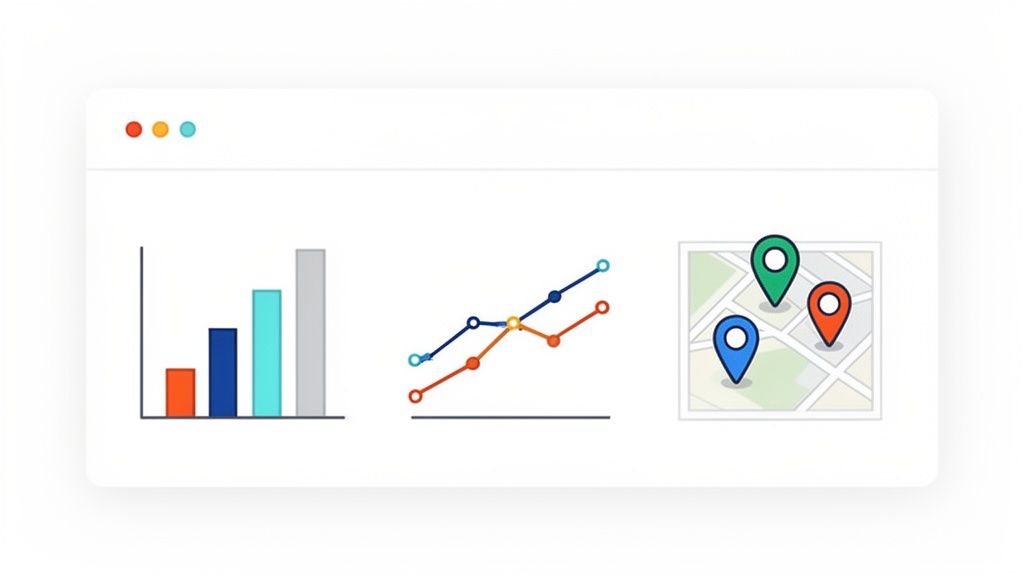 Een dashboard met verschillende datavisualisaties: een staafdiagram, lijngrafiek en een kaart met locatiemarkeringen.
