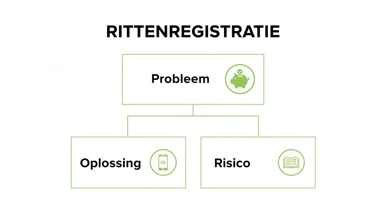 Een flowchart over rittenregistratie, met vakken voor probleem (spaarpot), oplossing (app) en risico (boek).