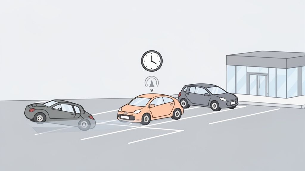 Een geanimeerde afbeelding van auto's op een parkeerplaats, met een klok en pijl boven een oranje auto, wat geofencing voorstelt.