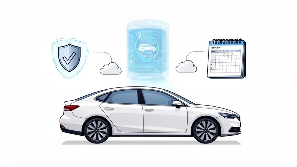 Witte auto verbonden met een digitaal volgsysteem, een veiligheidsschild en een kalender.