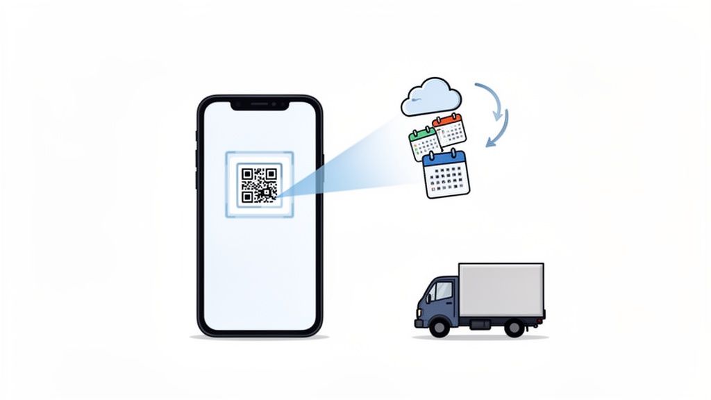Mobiele telefoon scant QR-code, die interactie heeft met cloudkalenders en een bestelwagen, wat logistiek beheer toont.