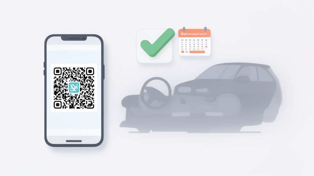 Digitale afspraak voor autoservice met QR-code op smartphone, bevestiging en kalender.