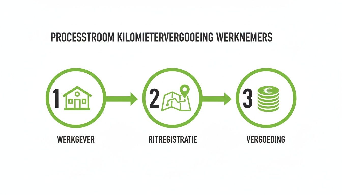 Processtroom voor kilometervergoeding werknemers, met stappen voor werkgever, ritregistratie en uiteindelijke vergoeding.