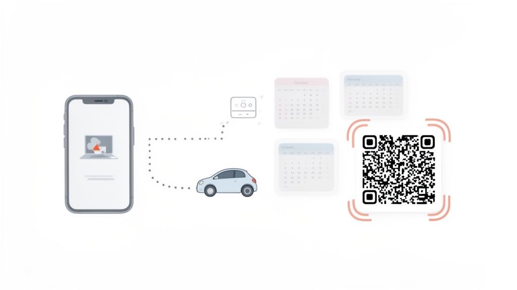 Illustratie van een mobiele telefoon, auto, slim apparaat, kalenders en QR-code, verbonden door stippellijnen.