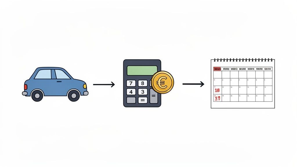Een blauwe auto, een rekenmachine met euro-munt en een kalender met gemarkeerde dagen, die autokosten berekenen symboliseren.