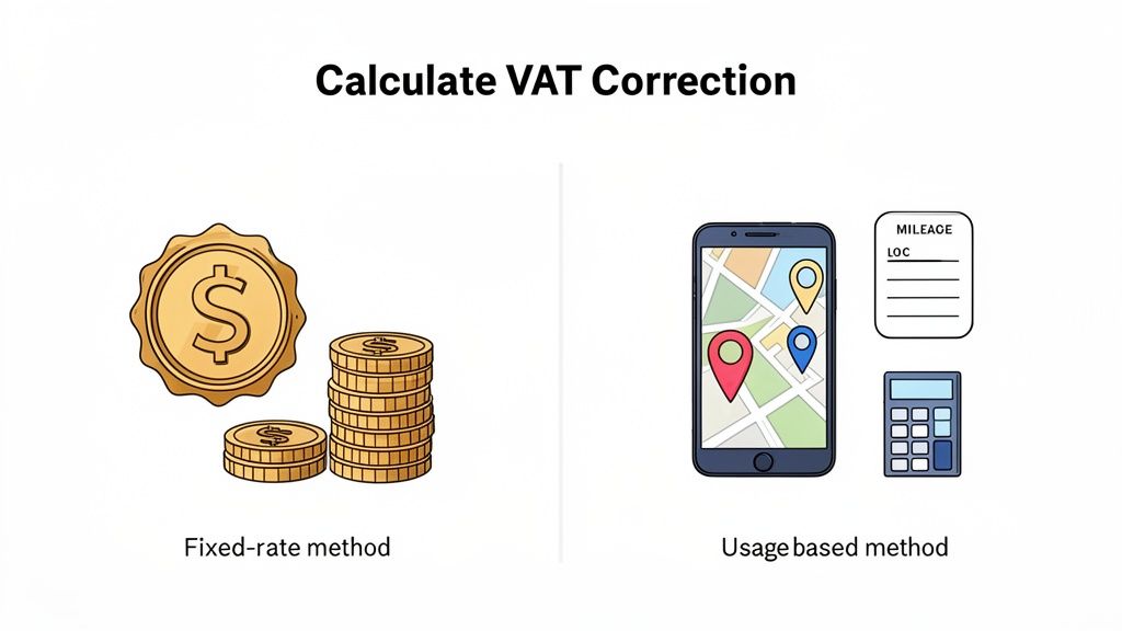Een illustratie van twee methoden voor btw-correctie: vaste tarief (munten) en op gebruik gebaseerd (locatie en berekening).