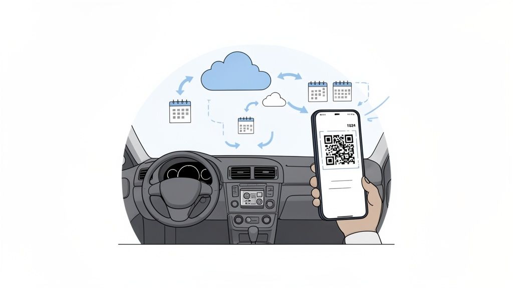 Illustratie van een auto-interieur met een smartphone met QR-code, omgeven door kalenders en cloud-icons die datasychnronisatie voorstellen.