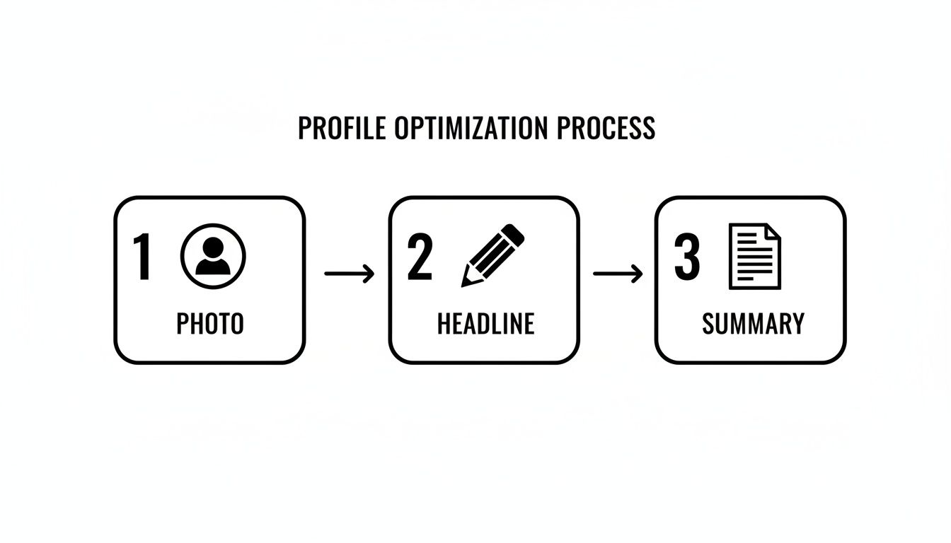 A visual diagram of a three-step profile optimization process: photo, headline, and summary.