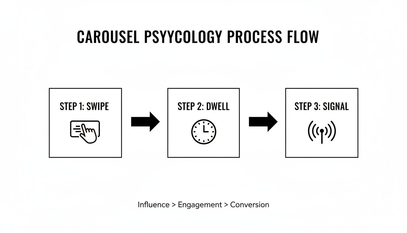 A process flow diagram showing carousel psychology steps: Swipe, Dwell, and Signal.