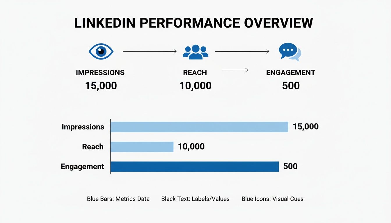 LinkedIn performance metrics displayed as a funnel and bar chart, showing impressions, reach, and engagement.