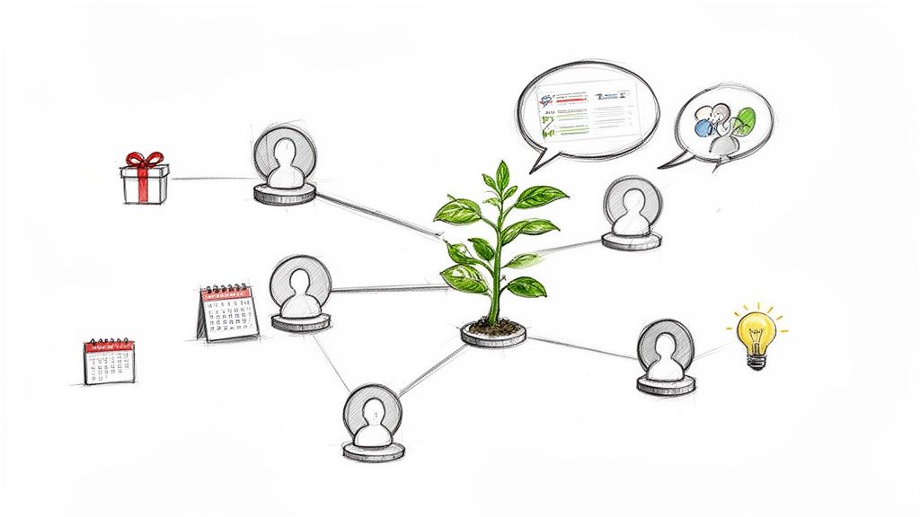 Two hands hold a card with a personalized message, 'Hi Name, saw your post,' next to a person outline and checkmark.
This isn't about writing a novel in that tiny text box. It's about making a human connection. A single, relevant sentence can be the difference between being accepted and being ignored forever.
The Psychology of a Great Request
A good connection request taps into some basic human psychology. We're all more receptive when we feel seen and valued. Your message, short as it is, needs to do one of three things—and do it in under 300 characters.
- Find Common Ground: Did you go to the same university, work at the same company, or belong to the same industry group? Mentioning a shared experience instantly creates a sense of familiarity. It lowers their guard.
- Offer a Genuine Compliment: Did you love their recent post on AI in marketing? Did their comment on a thread really make you think? A specific, sincere compliment shows you're actually paying attention and value what they have to say.
- Highlight a Mutual Connection: Mentioning a person you both know is a powerful social validator. It’s the closest thing you can get to a warm introduction online.
The data confirms this. Personalized outreach campaigns consistently outperform generic ones. We see average connection request approval rates hit a solid 29.61% for automated yet personalized campaigns, with some firms even reporting 45% acceptance rates overall. You can dig into more of these powerful LinkedIn outreach statistics and what they mean for you.
Real-World Examples That Work
Anyone can spot a generic template from a mile away. The secret is to have a framework, not a rigid script. Here are a few examples that put the principles above into practice.
Example 1: The Shared Interest
"Hi Sarah, I saw your comment on John Smith's post about content strategy and completely agree with your take on topic clusters. Your perspective was spot-on. Would love to connect and follow your insights."
This works because it's specific, timely, and offers genuine praise. It immediately shows you're not just some random stranger but someone active in the same professional conversations.
Example 2: The Mutual Connection
"Hi David, I see we both know Maria Rodriguez. She's spoken highly of your work in the fintech space. I'm also focused on this area and would be great to connect with other leaders like yourself."
This is all about social proof. By name-dropping Maria, you're borrowing a little of her credibility, which makes your request feel much warmer and more trustworthy.
Pro Tip: Your tone is everything. You wouldn't talk to a C-suite executive the same way you'd talk to a peer in a creative field. When in doubt, err on the side of professional but approachable.
Common Mistakes to Avoid
Knowing what not to do is just as important. I see so many well-intentioned requests fall flat because of these simple, avoidable mistakes.
- The Immediate Sales Pitch: Your connection request is not the place to sell your product. This is the fastest way to get ignored or even flagged. Focus on the relationship first. The sale can wait.
- Vague and Generic Compliments: Messages like "I'd like to join your network" or "You seem interesting" are meaningless. They offer zero value and just come across as lazy.
- Making It All About You: Frame your request around them. Why do you want to connect with this person specifically? What about their profile, their work, or their recent activity caught your eye?
Ultimately, the goal is to start a conversation. While personalizing every request sounds like a lot of work, it pays off. Your acceptance rate will climb, and the connections you make will be far more meaningful. In fact, scaling this kind of outreach is becoming easier and it's clear that the days of manual LinkedIn outreach as we know it are over.
Creating Content That Attracts Your Ideal Network
While sending connection requests is a solid tactic, the real endgame is building a personal brand so magnetic that the right people find you. A smart, consistent content strategy is exactly how you make that happen. It shifts your LinkedIn profile from a static resume into a living, breathing hub for your industry.
When you consistently share valuable insights, you're doing more than just posting—you're proving your expertise in real-time. You become the go-to resource people are excited to connect with. Suddenly, you're not chasing connections anymore; you're attracting them. Every post you publish works around the clock, showcasing your knowledge to the perfect audience. It’s the single most scalable way to grow your network because it works for you even when you're logged off.
Choosing Your Content Pillars
The idea of creating content every single day can feel daunting. But here's the secret: you don't have to. The trick is to anchor your content around a few core themes, or content pillars, that overlap with your expertise and what your target audience genuinely cares about. These pillars are your North Star, keeping your content focused and valuable.
For instance, a founder of a new SaaS company might build their content around these three pillars:
- Bootstrapping & Growth: Sharing the real, unfiltered lessons from scaling a business without VC cash.
- Marketing Automation: Offering practical tips and frameworks for using tech to generate leads efficiently.
- Leadership & Culture: Talking about what it takes to build and motivate a strong remote team.
By sticking to these themes, they naturally attract an audience of other founders, marketers, and even potential investors who see their content as directly relevant. Think of your pillars as a promise to your network about the kind of value you’ll consistently deliver.
Content Types That Actually Drive Engagement
Let's be honest, not all content on LinkedIn is created equal. The algorithm is a moving target, but some formats just work because they stop the scroll and get people talking. The key is to mix things up to keep your feed fresh and interesting.
Here are a few formats that consistently deliver results:
- Text-Only Posts: Short, punchy posts with a killer hook can be incredibly powerful. They're quick to read and often ignite the best conversations in the comments.
- Carousels (PDFs): These are visual storytelling machines. You can break down a complex topic into simple, digestible slides, creating a mini-presentation that keeps people swiping. If you're new to them, we have a complete guide on how to post a carousel on LinkedIn.
- Polls: This is the easiest way to generate instant engagement while gathering real-world feedback from your audience. Ask a relevant question and always encourage people to share the "why" behind their vote in the comments.
The most successful creators aren’t reinventing the wheel every single day. They figure out a few formats that suit their style and audience, then build a system to produce them without burning out.
Key Insight: Consistency always wins over intensity. Putting out three high-quality, relevant posts every week is way more effective than dropping ten random, low-value updates. The goal is to build a reliable presence your network can count on.
To make this easier, here's a simple planner you can adapt.
Your Weekly Content and Engagement Planner
This table gives you a starting point for planning your week. The goal is to balance creating your own content with actively engaging in conversations happening across your network.
| Day | Post Type / Theme | Engagement Activity |
|---|---|---|
| Monday | Text-only post (share a lesson learned) | Spend 15 minutes commenting on posts from 5 industry leaders. |
| Tuesday | Engagement Day | No post. Focus on thoughtful replies to comments on your last post. |
| Wednesday | Carousel (how-to guide or framework) | Find 3 relevant posts using a hashtag and add your perspective in the comments. |
| Thursday | Poll (ask a timely question) | Follow up with anyone who left an interesting comment on your poll. |
| Friday | Text-only post (personal story/insight) | Congratulate 5 people in your network on work anniversaries or new roles. |
This isn't a rigid schedule, but a framework to help you build momentum. Adjust it to what feels right for you and your audience. The key is the routine.
The Overlooked Power of Engagement
Posting your own content is just one side of the coin. One of the most effective—and most overlooked—strategies for building a high-quality network is strategic engagement. I'm talking about leaving thoughtful, value-add comments on other people's posts.
Think of it as networking in your industry's digital town square. When you drop a genuinely insightful comment on a post from a respected leader, you’re not just talking to them. You're putting your expertise on display for their entire audience. A comment that adds a new perspective or respectfully challenges an idea can easily get you more visibility than one of your own posts.
This strategy is powerful because it’s rooted in giving value first. You contribute to the community long before you ask for anything. This builds incredible goodwill and leads directly to profile views and inbound connection requests from people who are impressed by what you have to say.
Your comments are a form of content. Use them wisely.
Turning New Connections Into Real Relationships
![Hand-drawn illustration of a central plant connecting a network of people with symbols of growth, ideas, and collaboration.