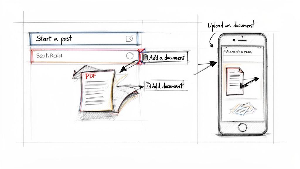 Sketch illustrating document upload process: adding a PDF to a post and uploading via a mobile phone.