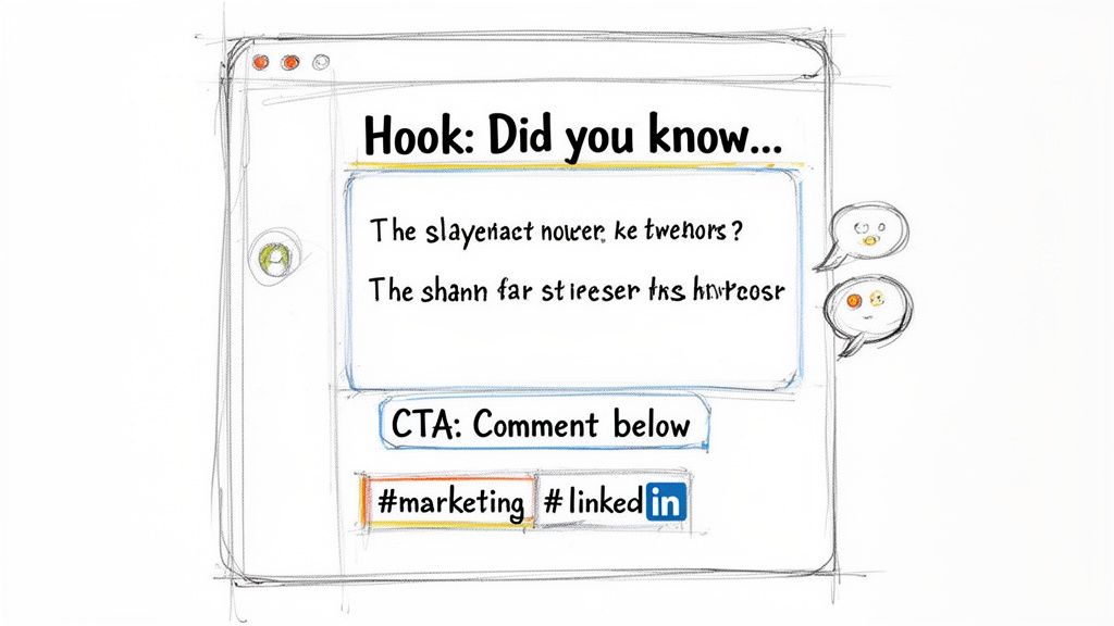 Sketch of a social media post with a 'Did you know' hook, call to action, and LinkedIn hashtags.