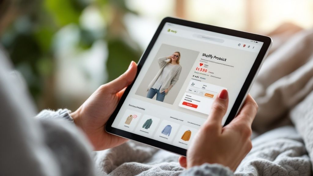 Person looking at a phone with a Shopify store open.