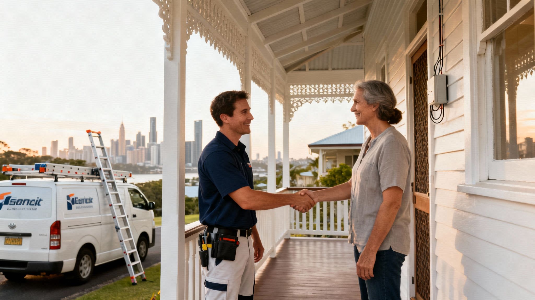 A Smiling Electrician Shakes Hands With A Woman On Her Porch, With A Service Van And Brisbane City Skyline In The Background.