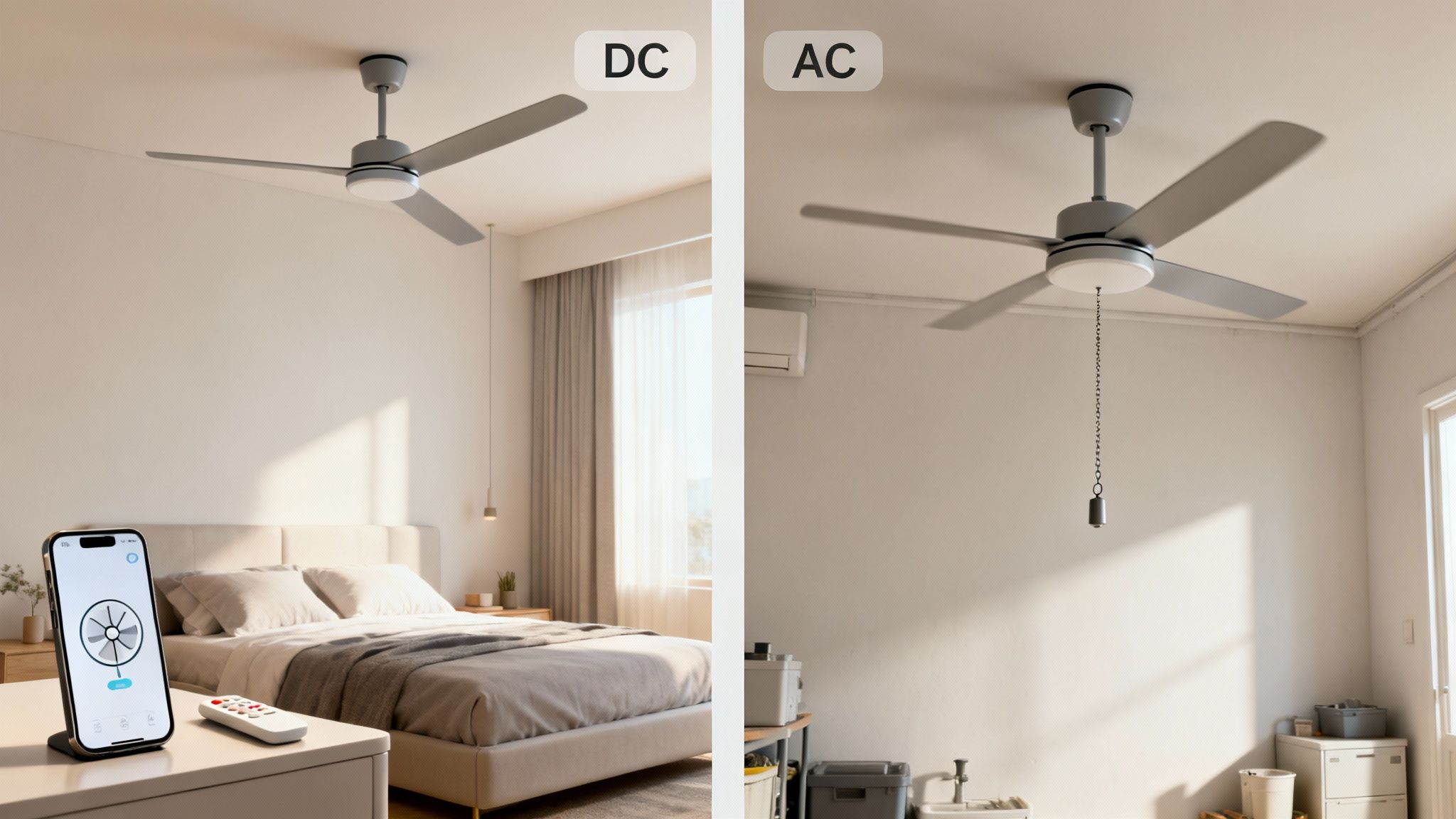 Comparison Of Modern Dc Ceiling Fan With Smartphone Control And Traditional Ac Fan With Pull Chain.
