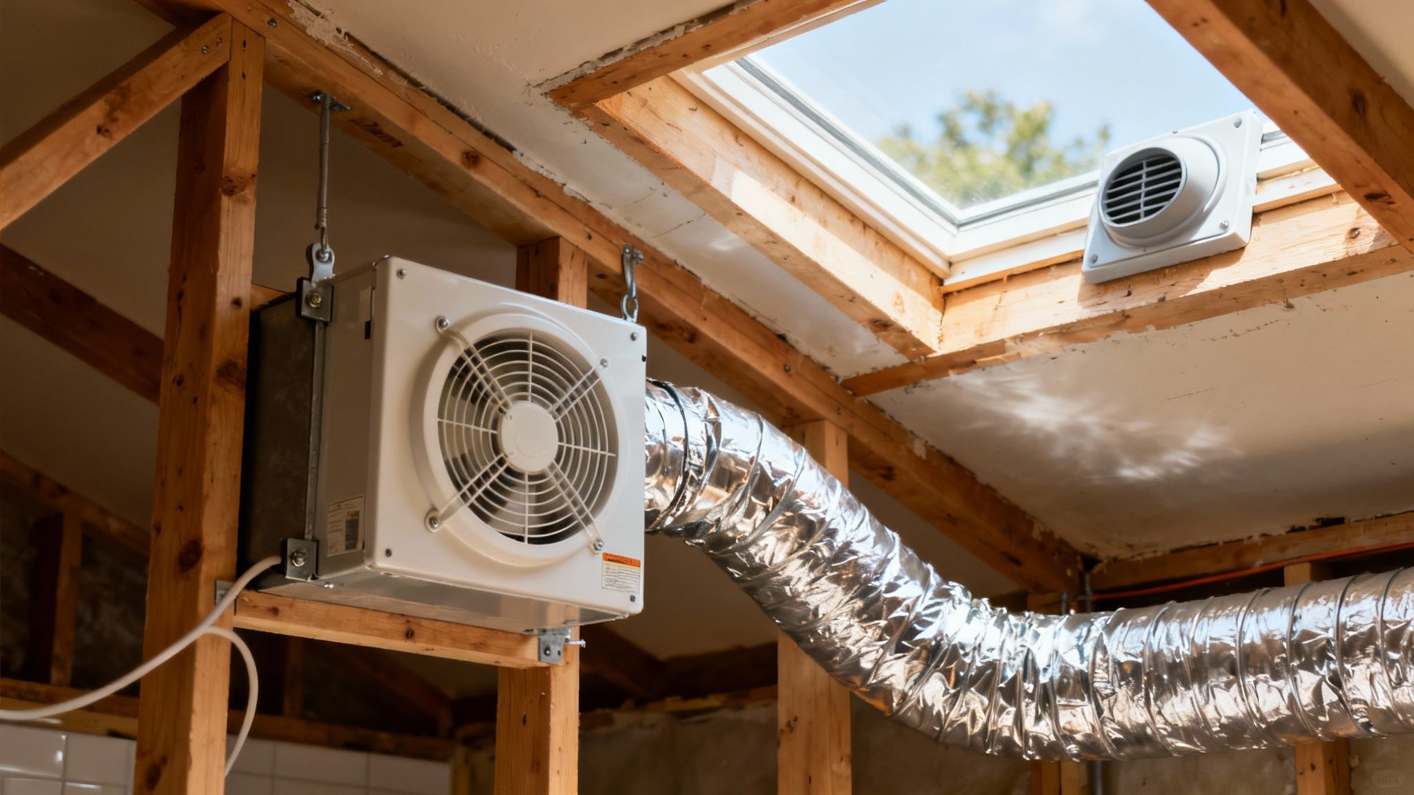 A Guide To Bathroom Exhaust Fan Installation 3 An Image Showing A Bathroom Exhaust Fan Being Mounted Between Ceiling Joists And Ductwork Being Run Through The Attic Space.